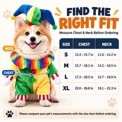 Ortekor Halloween Jester Clown Dog Costume with Hat & Fake Arms - Funny Photo-Ready Pet Outfit for Trick-or-Treat Parties
