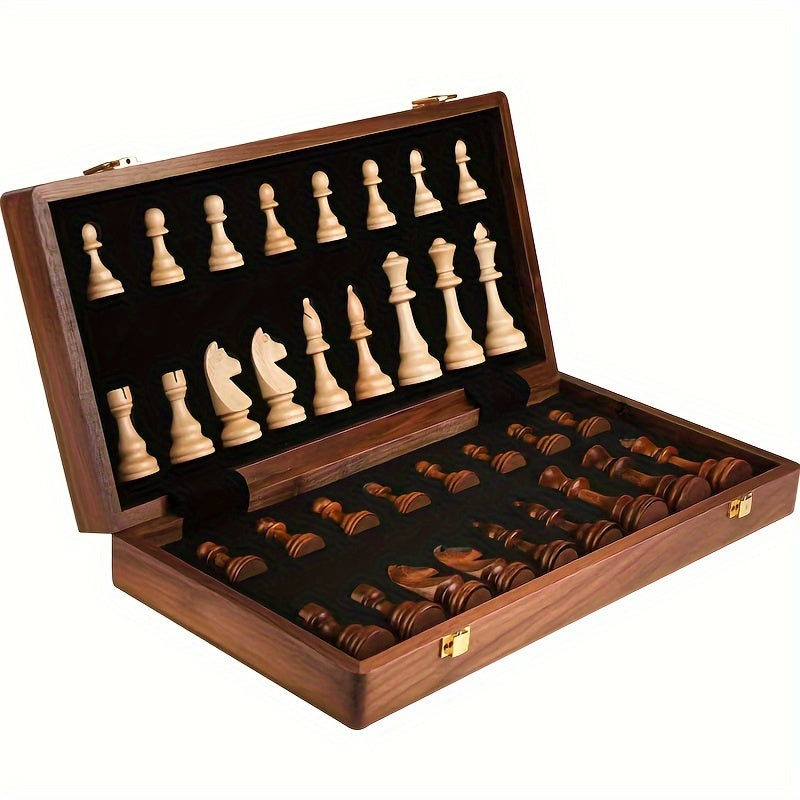 Folding Wooden Chess Set with Hand-Carved Pieces and Storage Board for Tournament Play, Home Games & Gifting