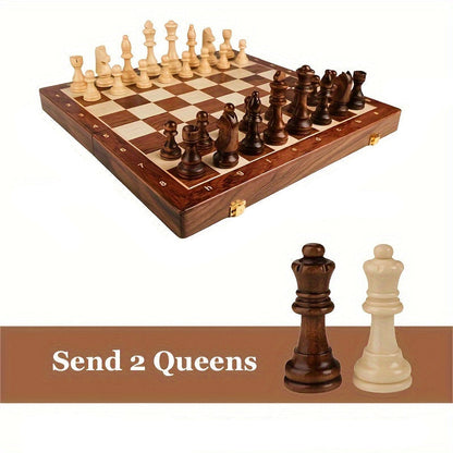 Folding Wooden Chess Set with Hand-Carved Pieces and Storage Board for Tournament Play, Home Games & Gifting