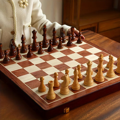 Folding Wooden Chess Set with Hand-Carved Pieces and Storage Board for Tournament Play, Home Games & Gifting