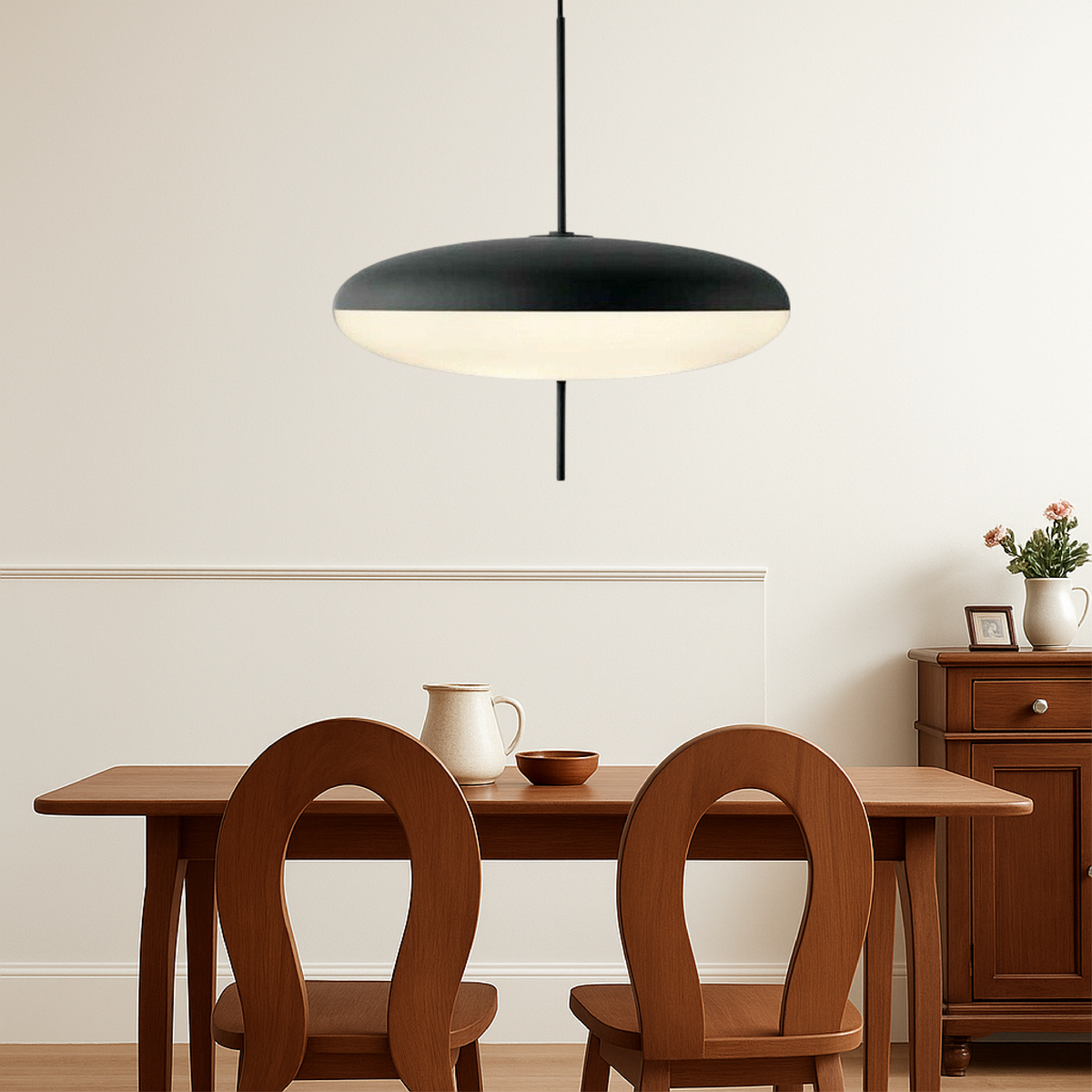 Hanging Ceiling Fixture 20 Inch Round Metal Shade Black for Kitchen Island Dining Room Modern Minimalist Adjustable Height E27 Socket Overhe