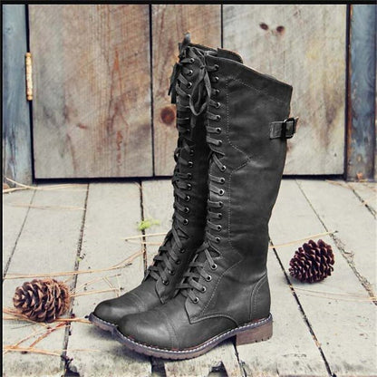 Women's Knee-High Lace-Up Leather Boots with Side Zipper & Metal Hooks for Everyday Wear, Work & Weekend Style
