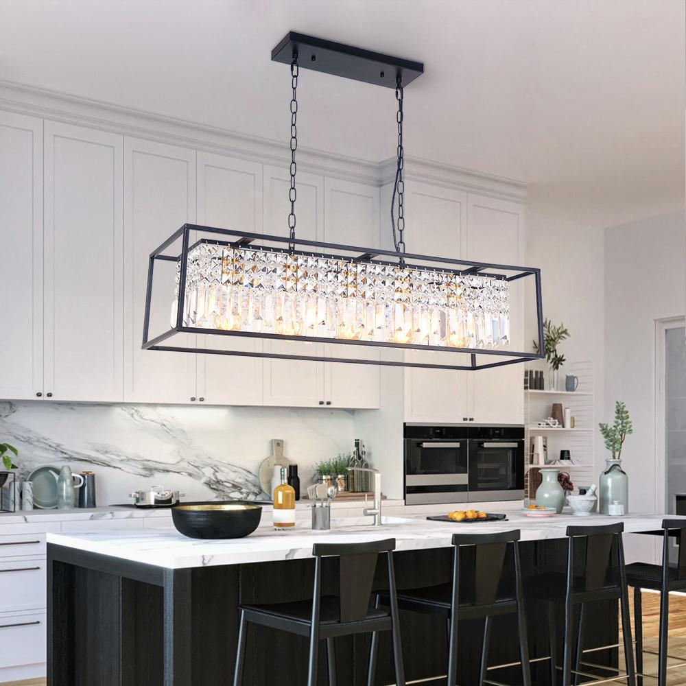 Linear Five-Light Hanging Fixture Black Metal Crystal Glass 35 inch for Kitchen Island Dining Room Table Adjustable Drop Ceiling Lamp Modern