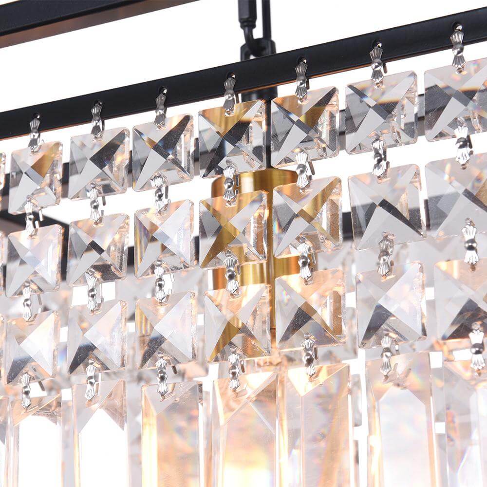 Linear Five-Light Hanging Fixture Black Metal Crystal Glass 35 inch for Kitchen Island Dining Room Table Adjustable Drop Ceiling Lamp Modern