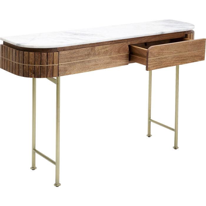 Entryway Table with Marble Top 39 in Natural Mango Wood Gold Metal Base 2 Drawers for Foyer Living Room Bedroom Storage Hallway Furniture