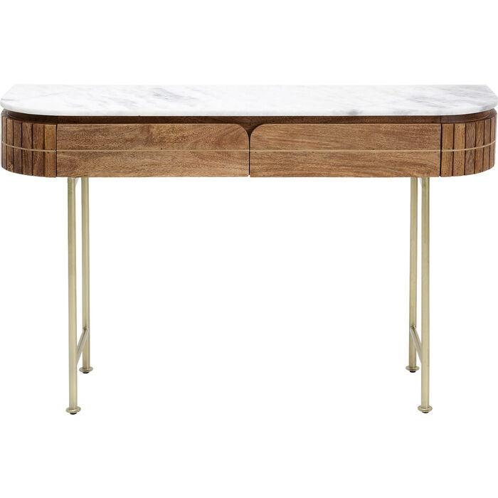 Entryway Table with Marble Top 39 in Natural Mango Wood Gold Metal Base 2 Drawers for Foyer Living Room Bedroom Storage Hallway Furniture