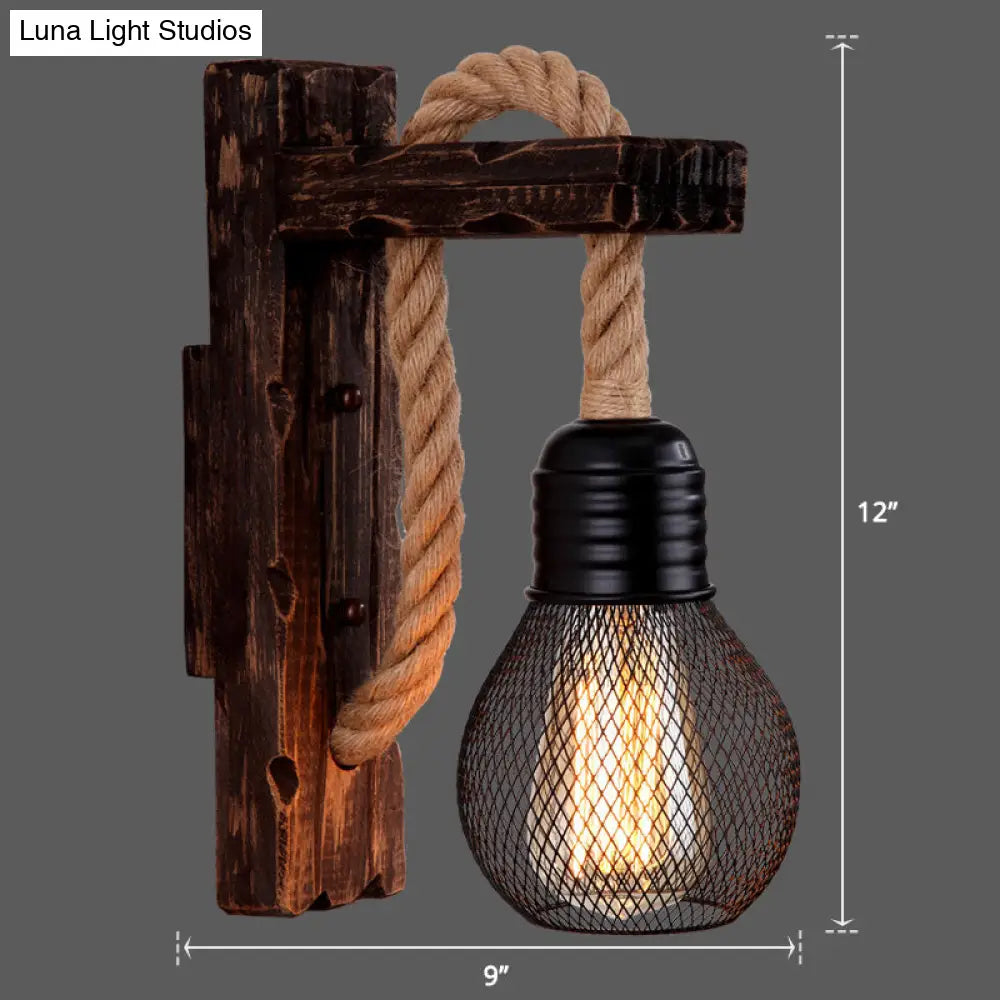 Rustic Wood Wall Sconce with Metal Cage and Rope Accent for Bedroom, Hallway, Living Room – E26 Socket Indoor Lighting Fixture