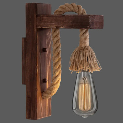 Rustic Wood Wall Sconce with Metal Cage and Rope Accent for Bedroom, Hallway, Living Room – E26 Socket Indoor Lighting Fixture