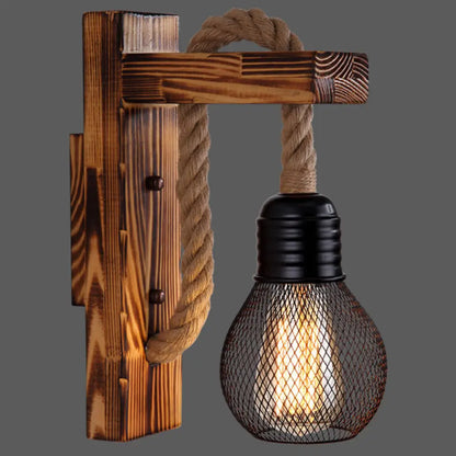 Rustic Wood Wall Sconce with Metal Cage and Rope Accent for Bedroom, Hallway, Living Room – E26 Socket Indoor Lighting Fixture