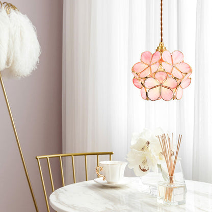 Floral Glass Hanging Light Fixture with Adjustable 59-Inch Cord E27 Socket Gold Brass Frame for Kitchen Table Bedroom Living Room Vintage-St