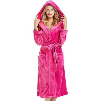 Hooded Fleece Robe for Women Long Soft Plush Loungewear with Pockets Cozy Warm Bathrobe for Lounging Relaxing Sleepwear Gift for Her Cold We