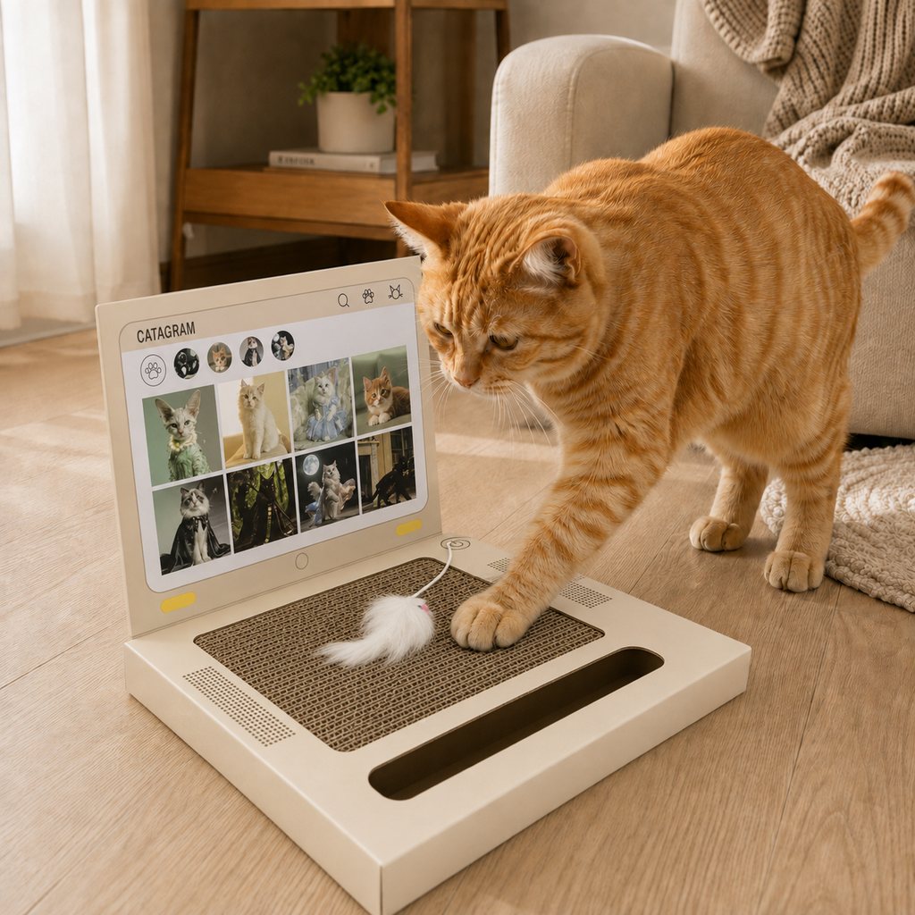 Ortekor Laptop Cat Scratcher for Indoor Cats – 3-in-1 Cardboard Scratch Pad with Mouse & Bell Ball for Home Office Play, Keeps Curious Cats Busy While You Work