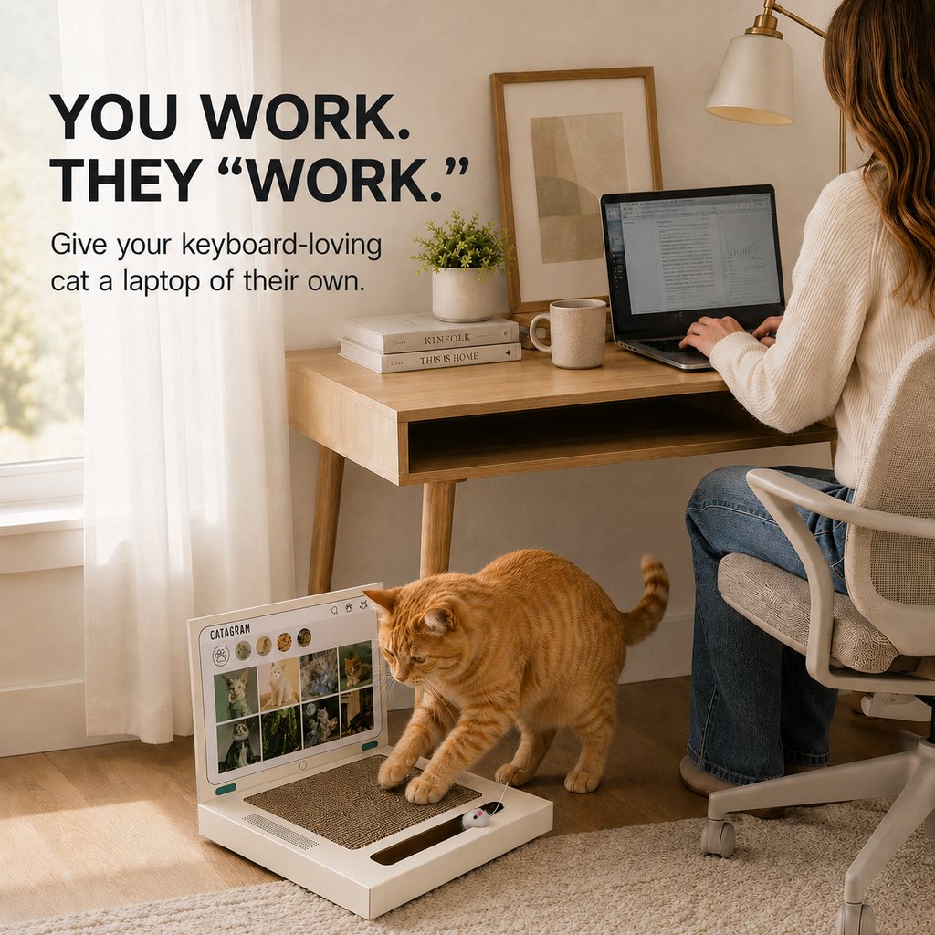 Ortekor Laptop Cat Scratcher for Indoor Cats – 3-in-1 Cardboard Scratch Pad with Mouse & Bell Ball for Home Office Play, Keeps Curious Cats Busy While You Work