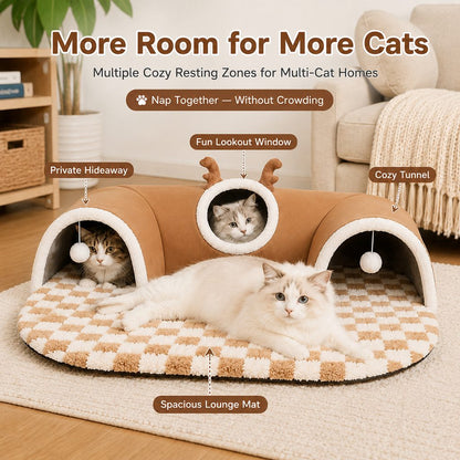 Ortekor 3-in-1 Multi-Cat Tunnel Bed & Play Mat for Indoor Cats - Spacious Cozy Hideaway for Shared Rest, Play & Less Bed Competition