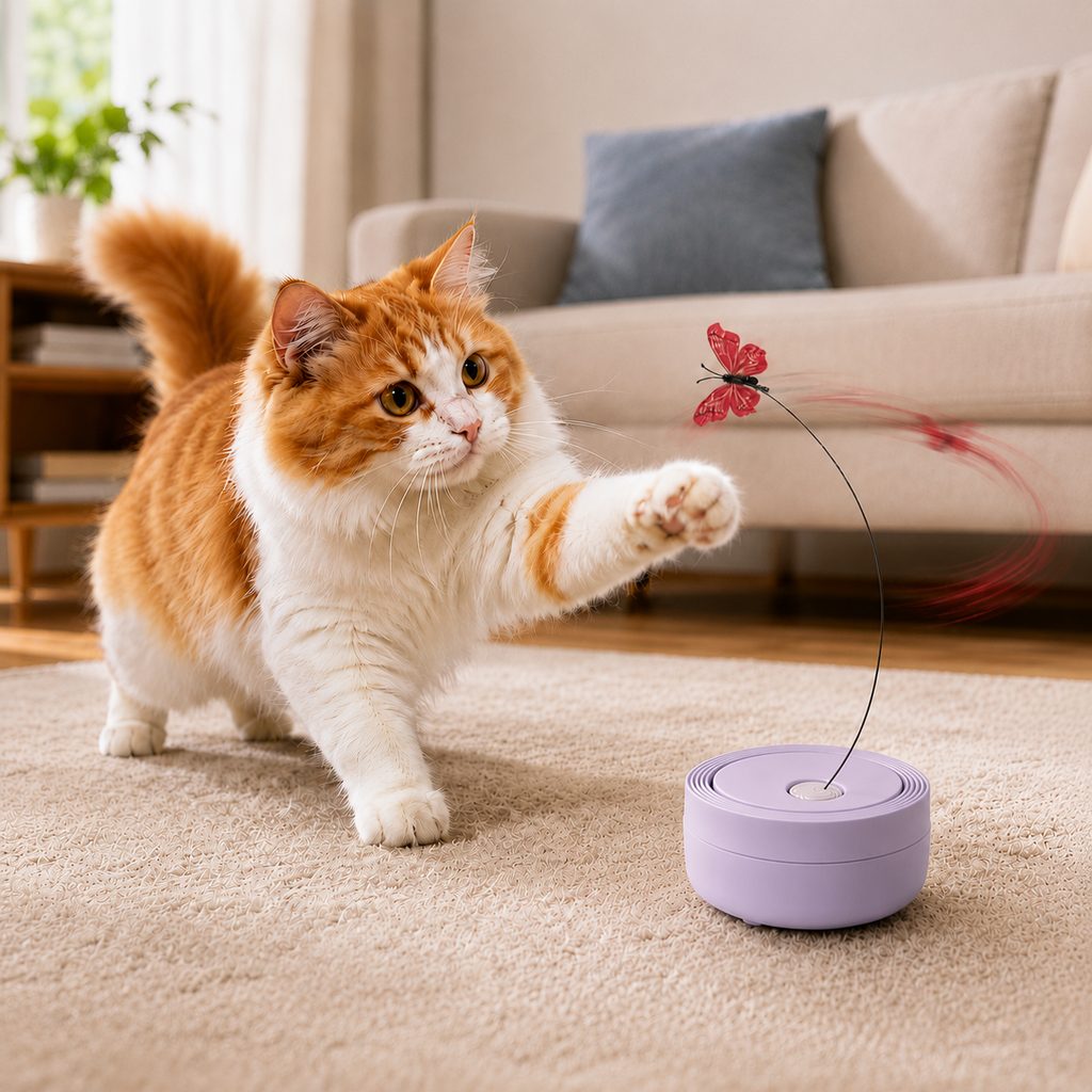 Ortekor FlutterFly 360 Automatic Butterfly Cat Toy for Indoor Cats - Hands-Free Self-Play Teaser to Beat Boredom