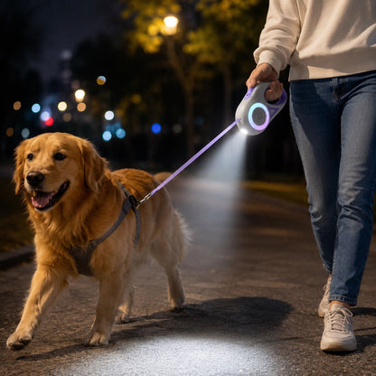 Ortekor LED Retractable Dog Leash for Night Walks - Light-Up Dog Leash with Built-In Spotlight, RGB Side Glow & One-Touch Brake for Safer Evening Walks