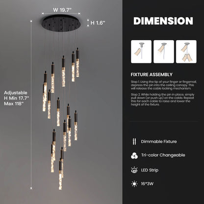 Cascading Crystal LED Ceiling Light 20 in Wide Adjustable Drop to 118 in Black Metal Frame Entryway Stairwell Multi-Story Fixture Dimmable R