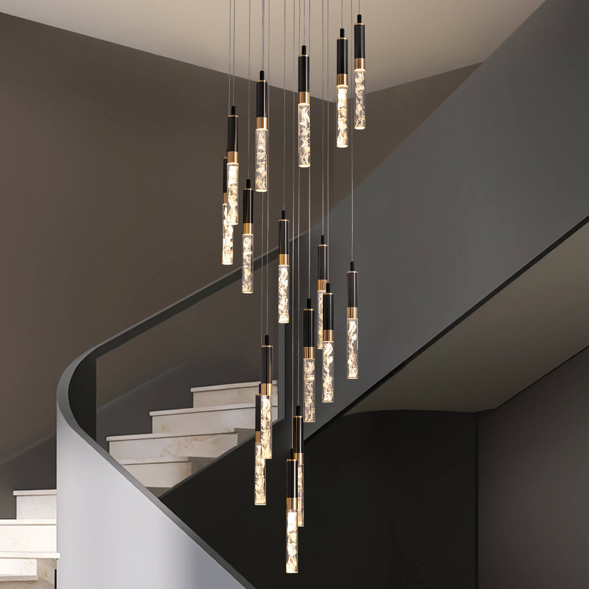 Cascading Crystal LED Ceiling Light 20 in Wide Adjustable Drop to 118 in Black Metal Frame Entryway Stairwell Multi-Story Fixture Dimmable R