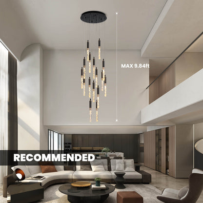 Suspension lumineuse à cristaux LED en spirale pour hall d'entrée et escalier à deux étages - Hauteur réglable de 300 cm (118 po), finition noire, télécommande, effet cascade à plusieurs niveaux