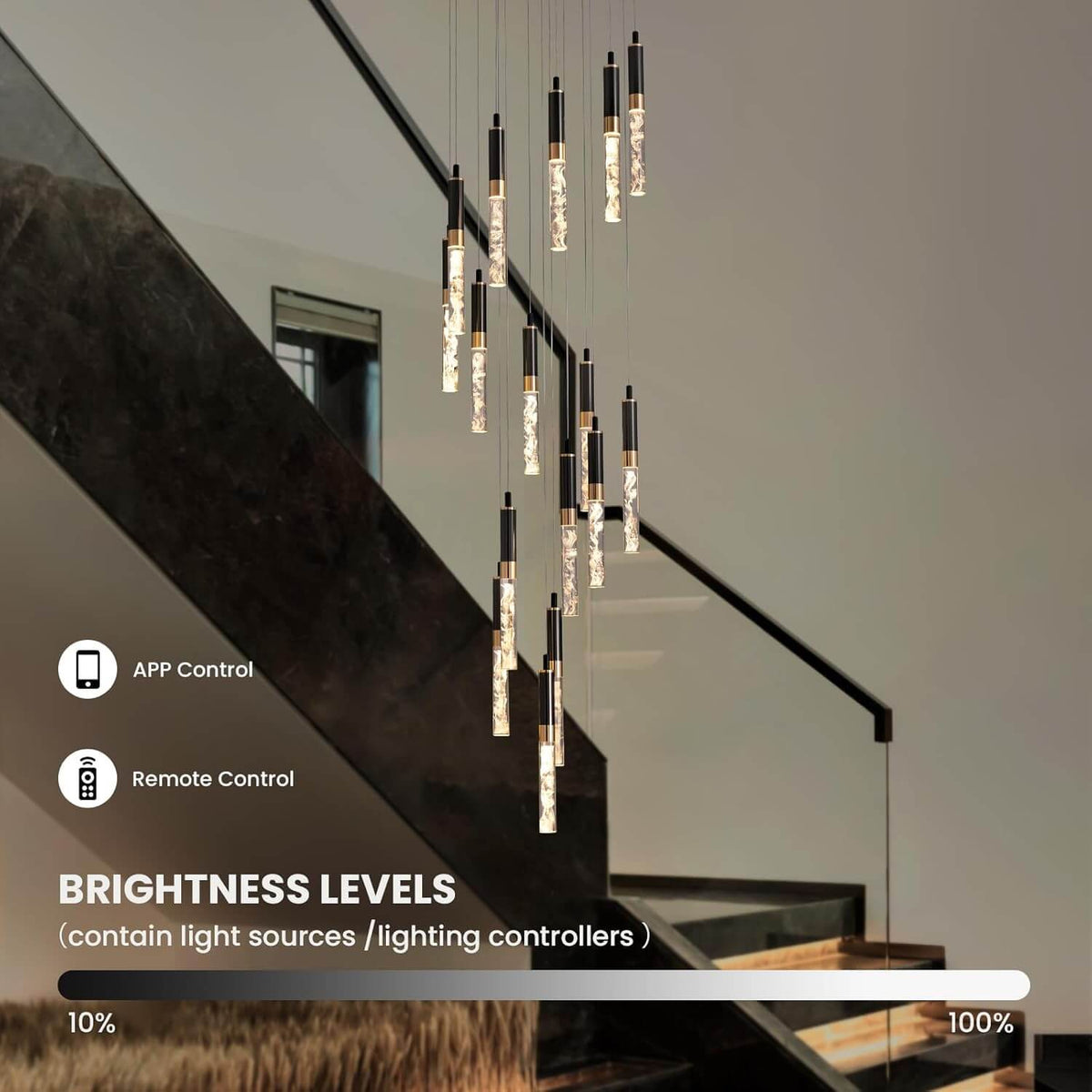 Suspension lumineuse à cristaux LED en spirale pour hall d'entrée et escalier à deux étages - Hauteur réglable de 300 cm (118 po), finition noire, télécommande, effet cascade à plusieurs niveaux