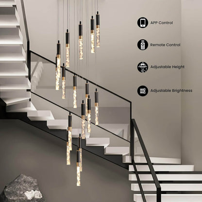 Suspension lumineuse à cristaux LED en spirale pour hall d'entrée et escalier à deux étages - Hauteur réglable de 300 cm (118 po), finition noire, télécommande, effet cascade à plusieurs niveaux