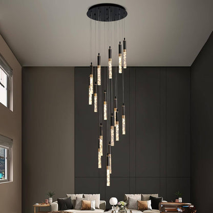 Suspension lumineuse à cristaux LED en spirale pour hall d'entrée et escalier à deux étages - Hauteur réglable de 300 cm (118 po), finition noire, télécommande, effet cascade à plusieurs niveaux