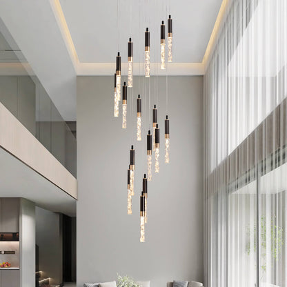 Cascading Crystal LED Ceiling Light 20 in Wide Adjustable Drop to 118 in Black Metal Frame Entryway Stairwell Multi-Story Fixture Dimmable R