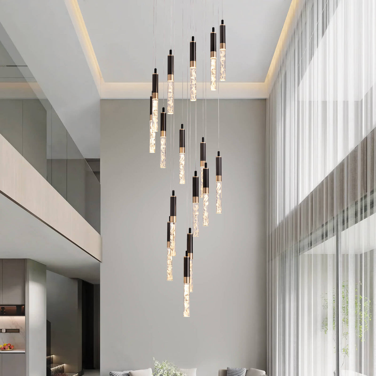 Suspension lumineuse à cristaux LED en spirale pour hall d'entrée et escalier à deux étages - Hauteur réglable de 300 cm (118 po), finition noire, télécommande, effet cascade à plusieurs niveaux