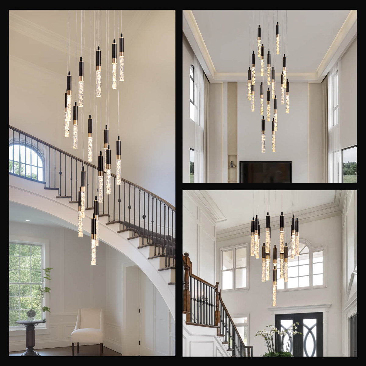 Cascading Crystal LED Ceiling Light 20 in Wide Adjustable Drop to 118 in Black Metal Frame Entryway Stairwell Multi-Story Fixture Dimmable R