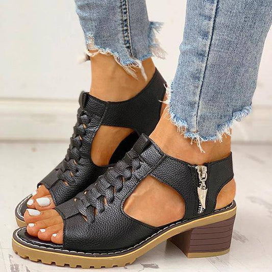 Sandales ouvertes à talons blocs pour femmes avec fermeture éclair latérale et découpes – Talons habillés décontractés pour les événements estivaux