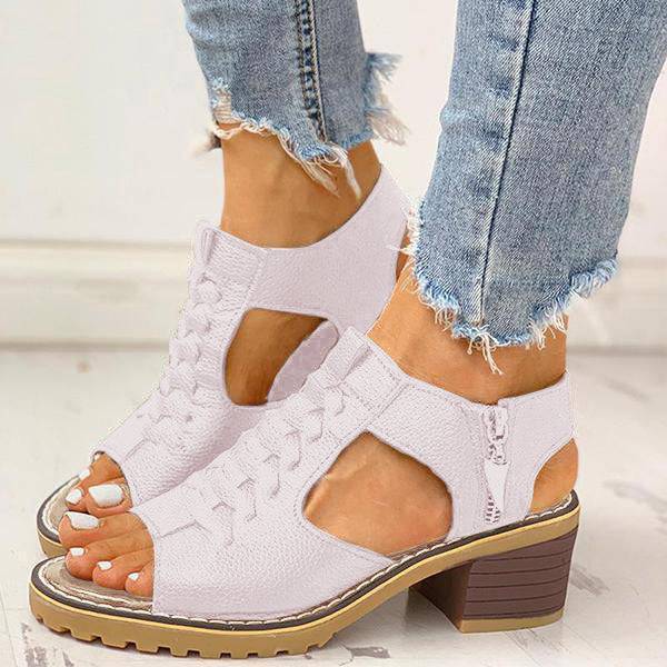 Women's Open-Toe Block-Heel Sandals with Side Zipper & Cutout Design – Dress Casual Heels for Summer Events