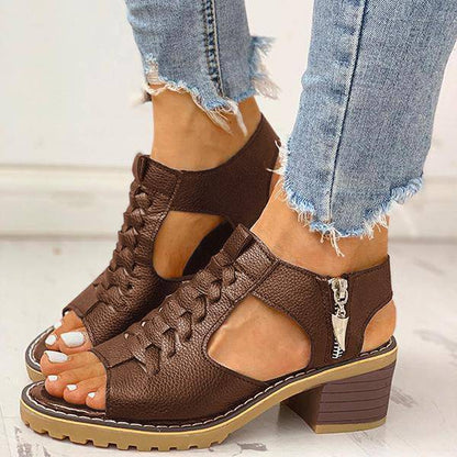 Women's Open-Toe Block-Heel Sandals with Side Zipper & Cutout Design – Dress Casual Heels for Summer Events