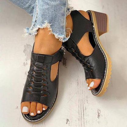 Women's Open-Toe Block-Heel Sandals with Side Zipper & Cutout Design – Dress Casual Heels for Summer Events