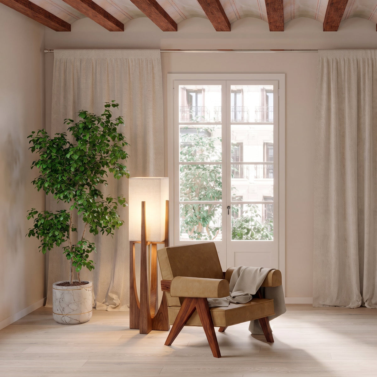 Japanese-Inspired Floor Lamp with Fabric Shade & Wood Base – Warm LED Accent for Living Room, Bedroom & Reading Nook