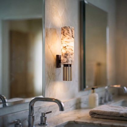 Marble and Copper Wall Sconce with Warm LED Light for Bedroom, Hallway, Living Room – Natural Stone Accent Wall Fixture