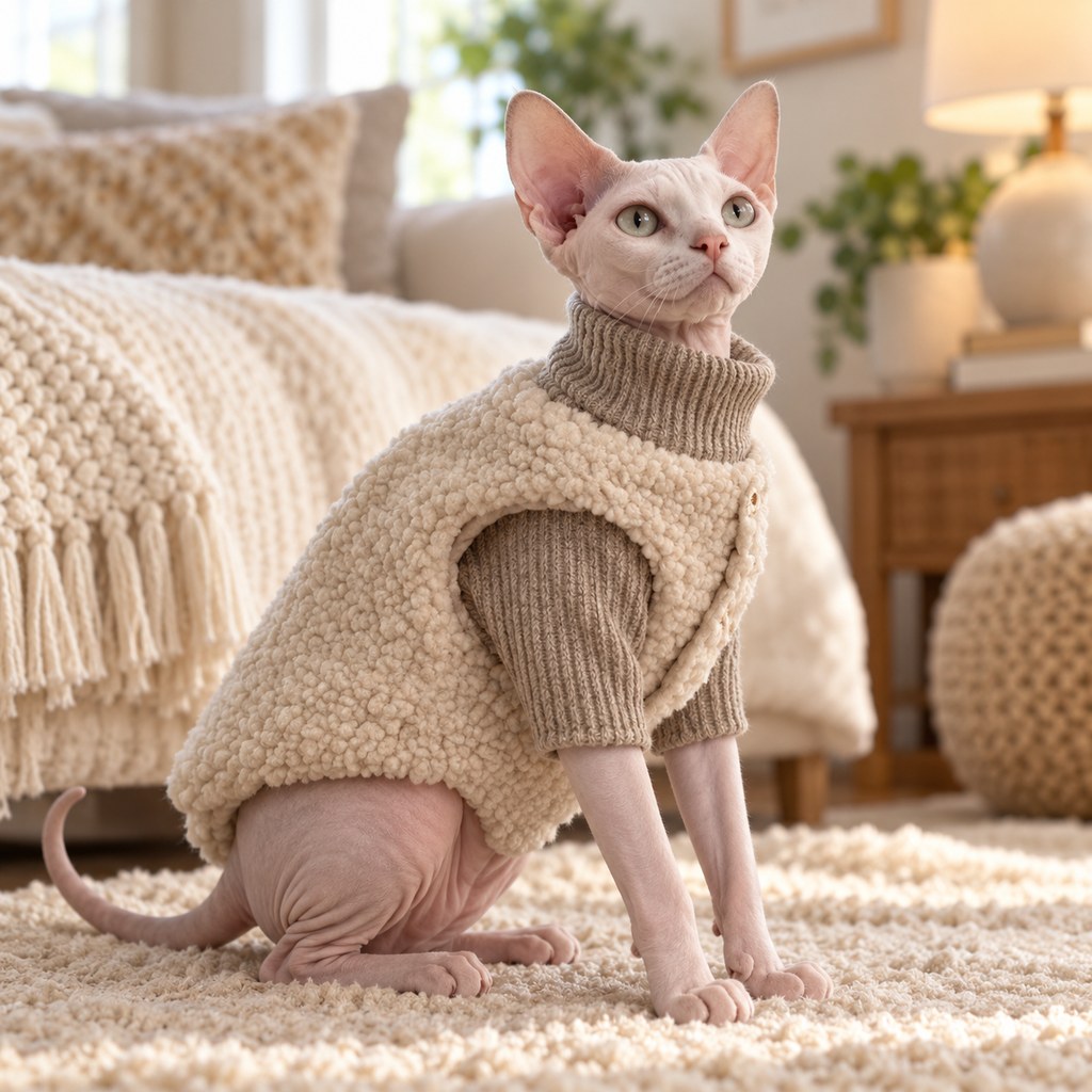 Ortekor Cozy Cat Turtleneck Sweater & Sherpa Vest Set - Cool-Weather Indoor Layers for Hairless & Short-Haired Cats