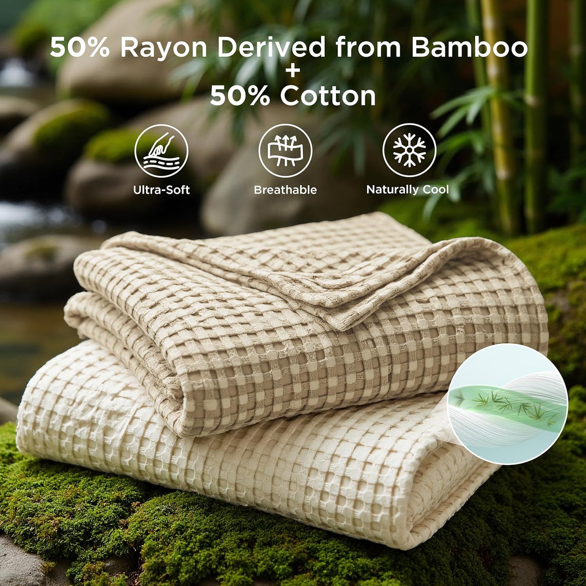 Cozy Haven | Couverture Queen légère en coton et bambou à tissage gaufré rafraîchissant | Jeté d'été doux pour ceux qui ont chaud la nuit