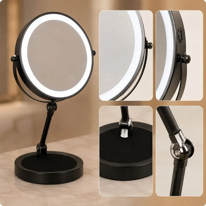 Dual-Sided Vanity Mirror 10x Magnification LED Rechargeable Touch Control Tabletop Cosmetic Mirror 360° Rotating Desktop for Makeup