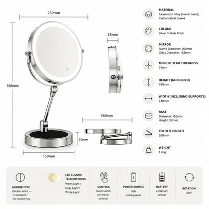 Dual-Sided Vanity Mirror 10x Magnification LED Rechargeable Touch Control Tabletop Cosmetic Mirror 360° Rotating Desktop for Makeup