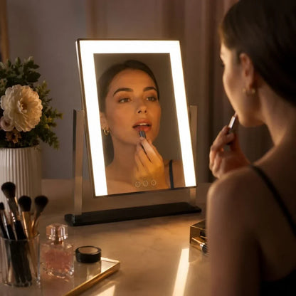 Miroir de maquillage sur pied à commande tactile avec trois modes d'éclairage et grossissement 15x amovible pour une application précise du maquillage