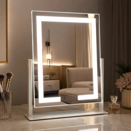 Miroir de maquillage sur pied à commande tactile avec trois modes d'éclairage et grossissement 15x amovible pour une application précise du maquillage