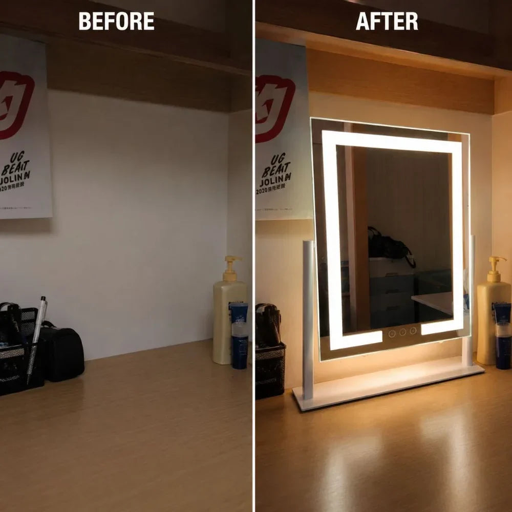 Miroir de maquillage sur pied à commande tactile avec trois modes d'éclairage et grossissement 15x amovible pour une application précise du maquillage