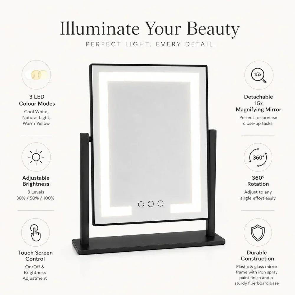 Miroir de maquillage sur pied à commande tactile avec trois modes d'éclairage et grossissement 15x amovible pour une application précise du maquillage