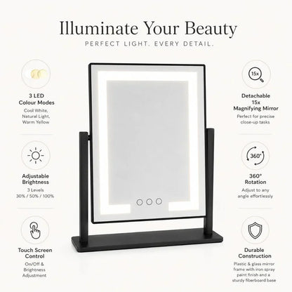 Miroir de maquillage sur pied à commande tactile avec trois modes d'éclairage et grossissement 15x amovible pour une application précise du maquillage