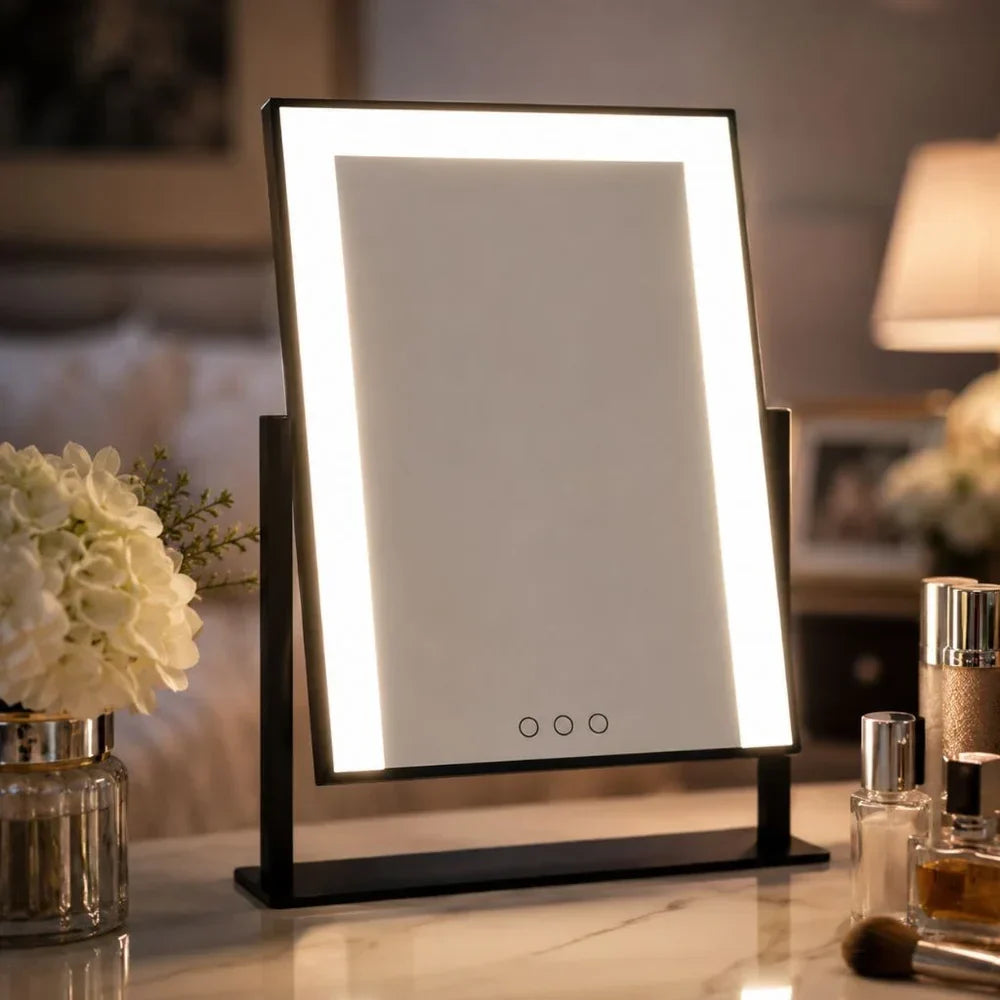 Miroir de maquillage sur pied à commande tactile avec trois modes d'éclairage et grossissement 15x amovible pour une application précise du maquillage