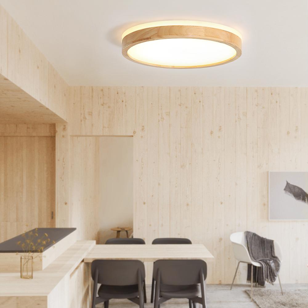 Dimmable Hardwired Ceiling Light Fixture Wood Rim Acrylic Shade 5-Color Temperature Adjustable LED Module for Kitchen Bedroom Living Room