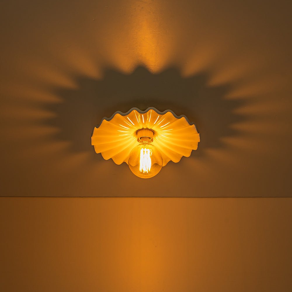 Textured Ceramic Semi-Flush Mount Light 12 Inch Cream with Brass Accent for Low Ceilings Bedroom Hallway Bathroom Dimmable E26 Socket Retro