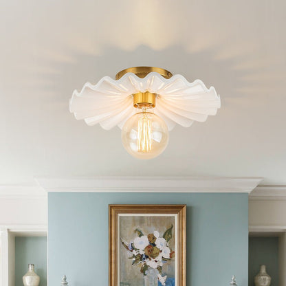 Textured Ceramic Semi-Flush Mount Light 12 Inch Cream with Brass Accent for Low Ceilings Bedroom Hallway Bathroom Dimmable E26 Socket Retro
