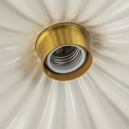 Textured Ceramic Semi-Flush Mount Light 12 Inch Cream with Brass Accent for Low Ceilings Bedroom Hallway Bathroom Dimmable E26 Socket Retro