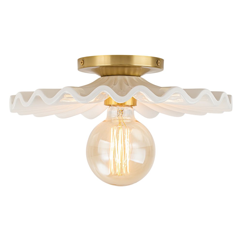 Textured Ceramic Semi-Flush Mount Light 12 Inch Cream with Brass Accent for Low Ceilings Bedroom Hallway Bathroom Dimmable E26 Socket Retro